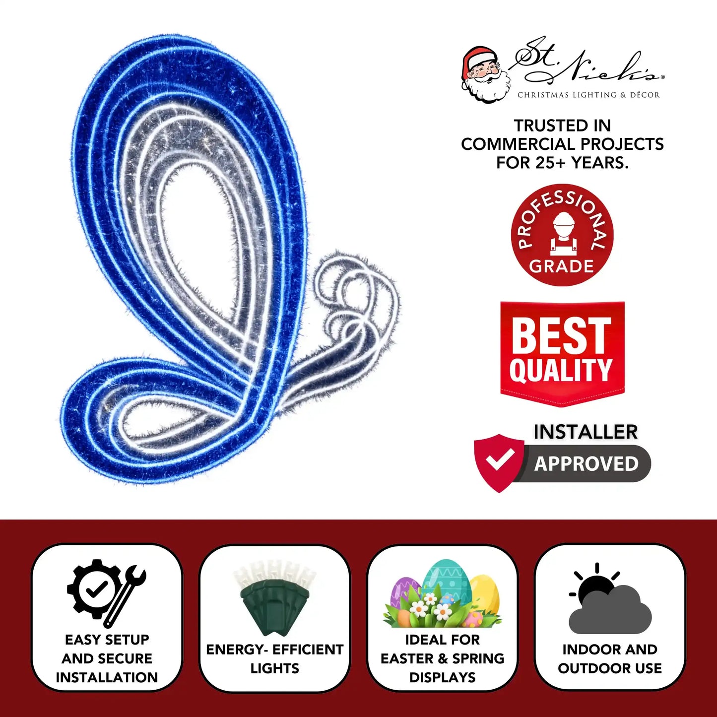 LED butterfly light sculpture highlighting easy installation, energy-efficient lighting, and indoor outdoor use