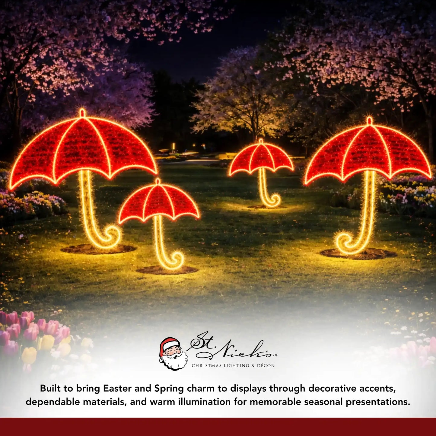 LED Easter umbrella light motifs installed outdoors for spring and Easter seasonal display
