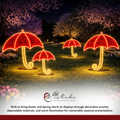 LED Easter umbrella light motifs installed outdoors for spring and Easter seasonal display