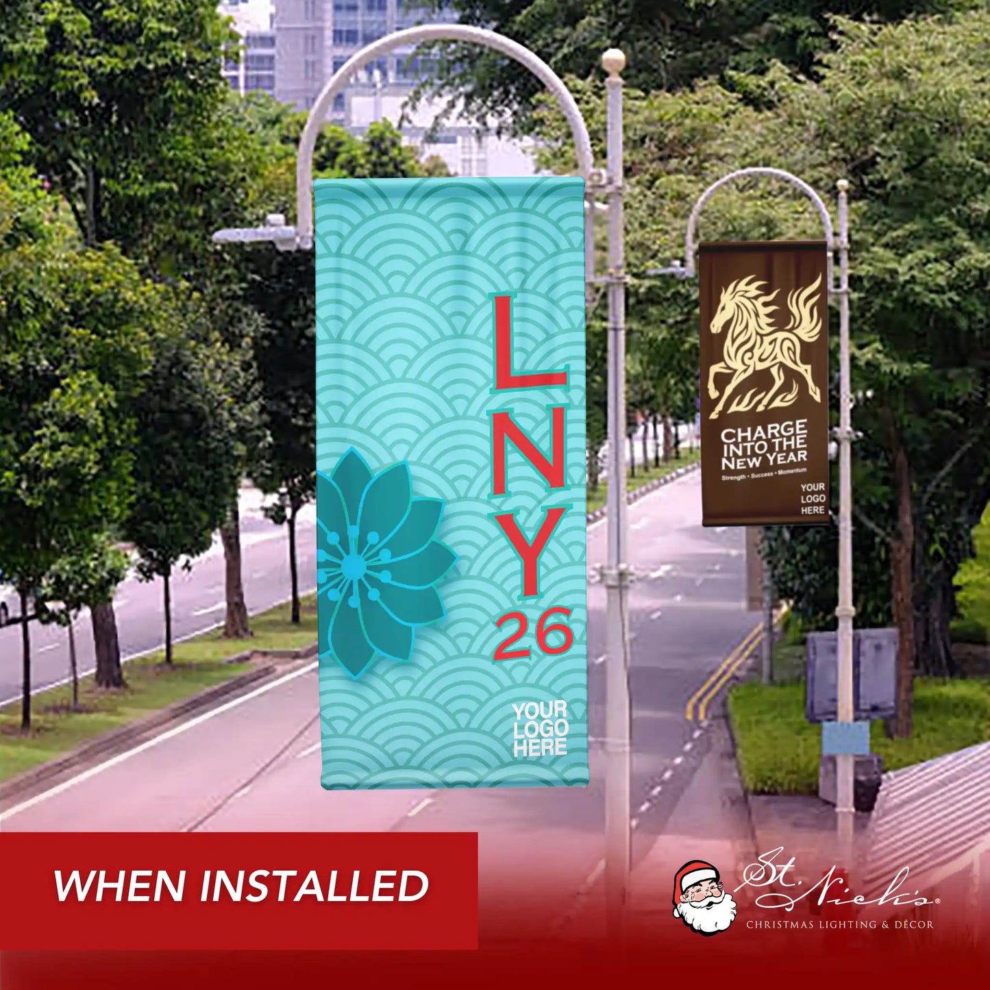 Lunar New Year 2026 teal pole banner shown installed along city street with seasonal décor