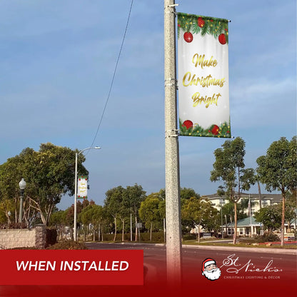 Make Christmas Bright Christmas pole banner installed along city street for festive holiday décor