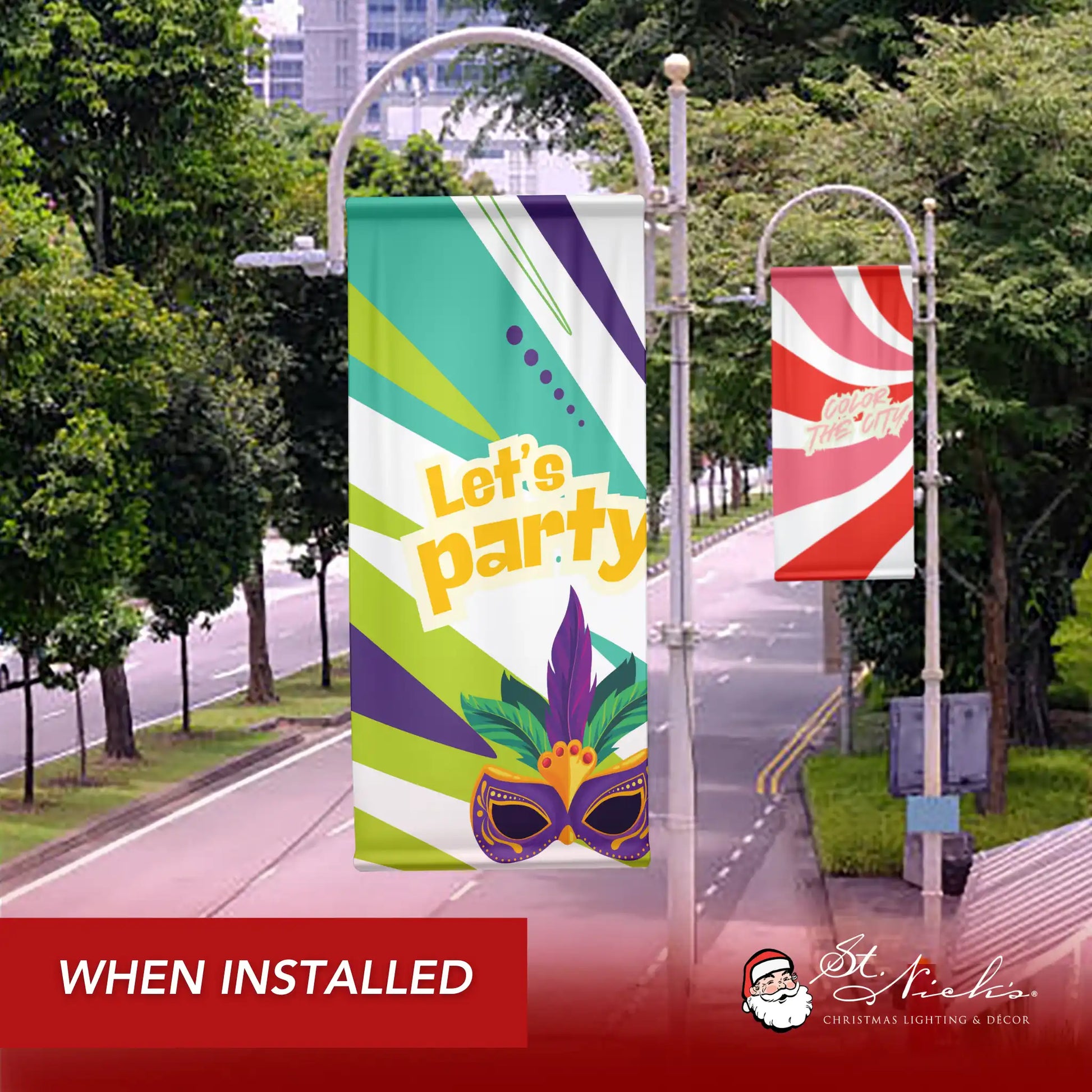 Mardi Gras Let’s Party pole banner displayed along city street with festive seasonal décor