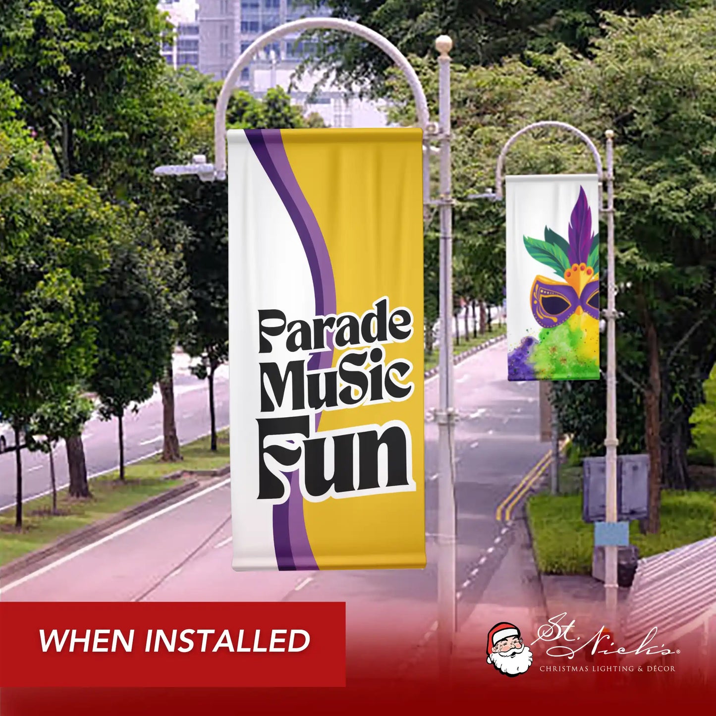 Mardi Gras Parade Music Fun street pole banner displayed along roadway with festive seasonal décor