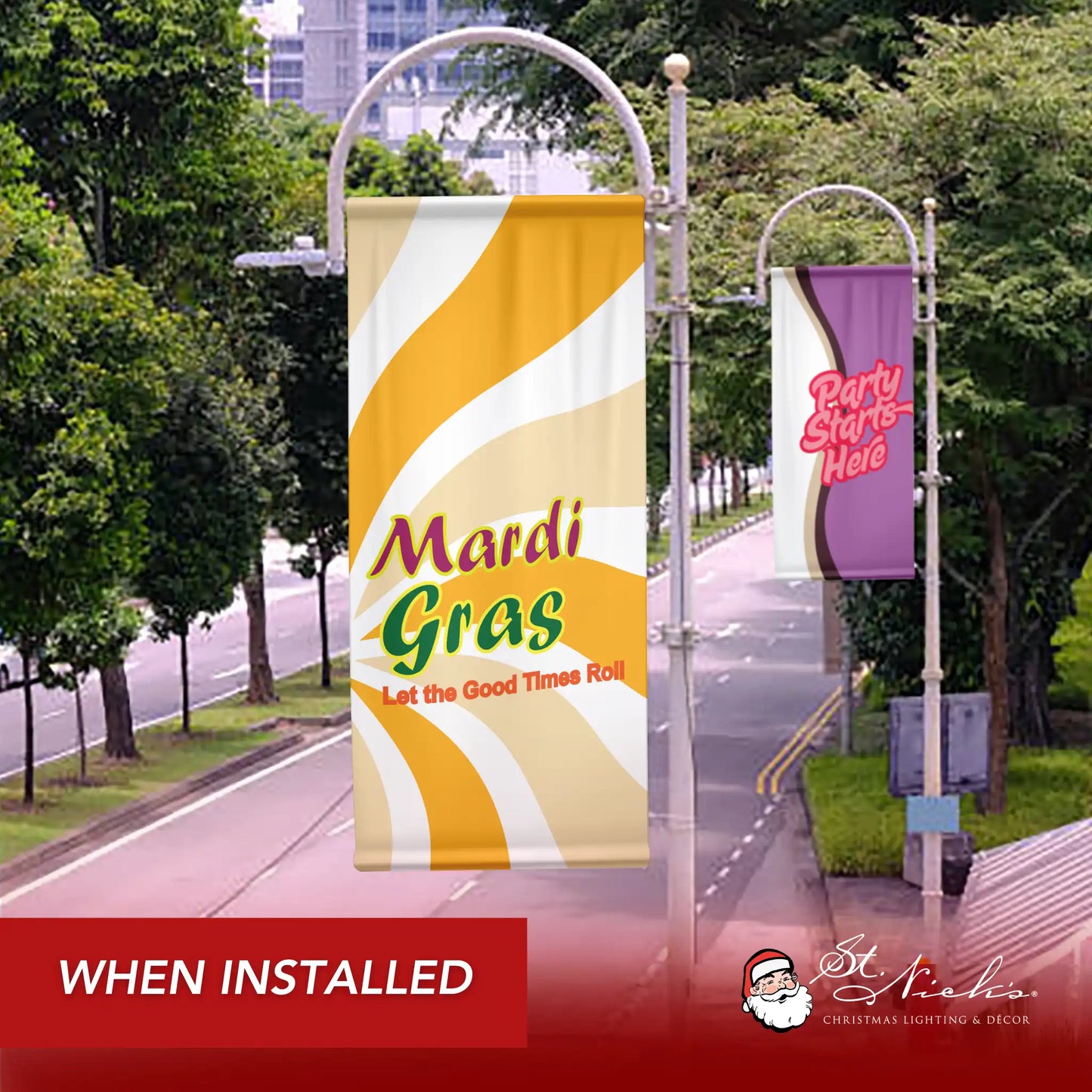 Mardi Gras “Let the Good Times Roll” pole banner displayed on decorative street pole along landscaped roadway