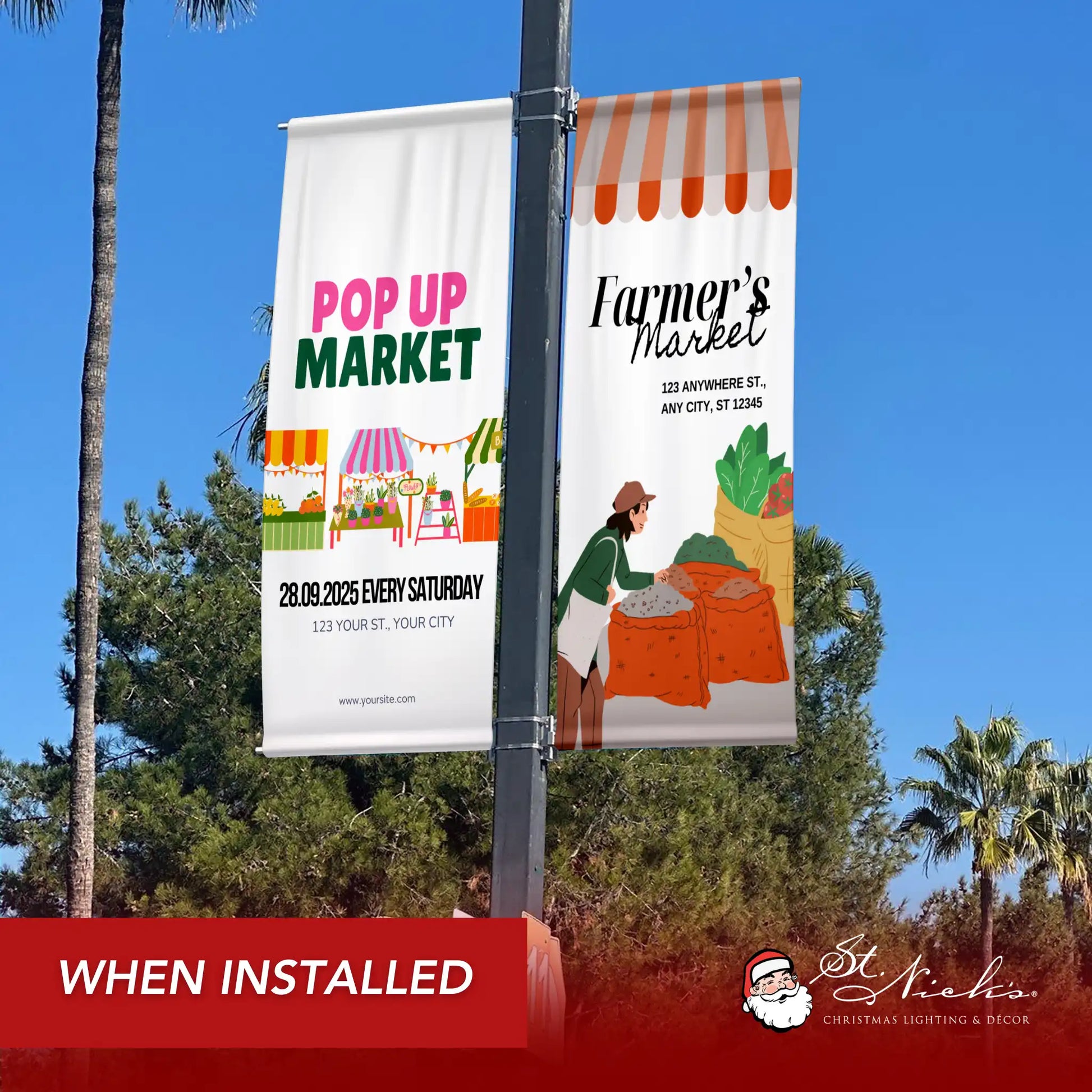 Pop Up Market pole banner installed on city street pole promoting local farmers and vendors