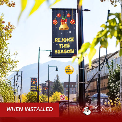 Rejoice This Season Christmas pole banner installed along city street for seasonal holiday décor