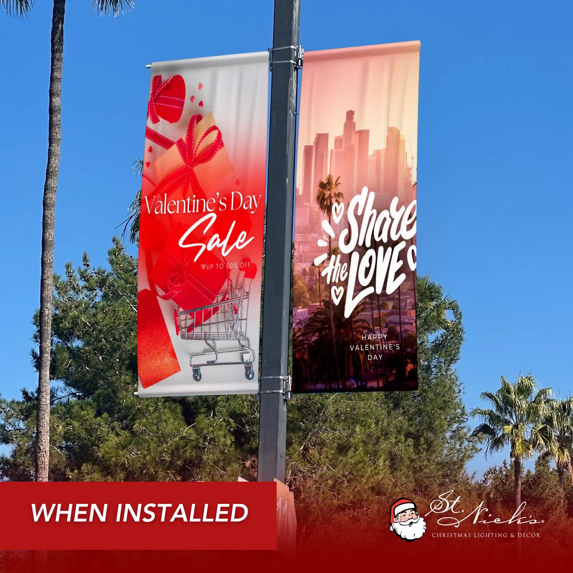 Share the Love Valentine’s Day pole banner displayed along a city street with coordinating seasonal banners