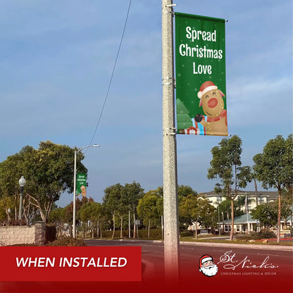 Spread Christmas Love Christmas pole banner installed along city street for festive holiday décor