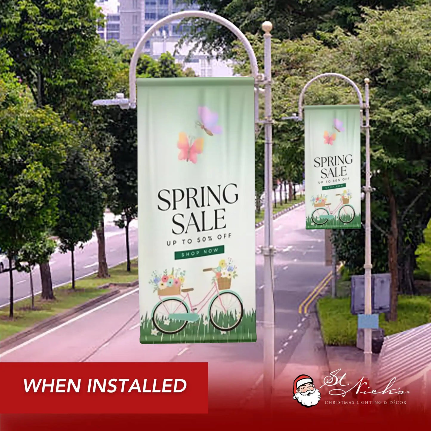 Spring Sale pole banners displayed along city street as part of seasonal retail streetscape décor