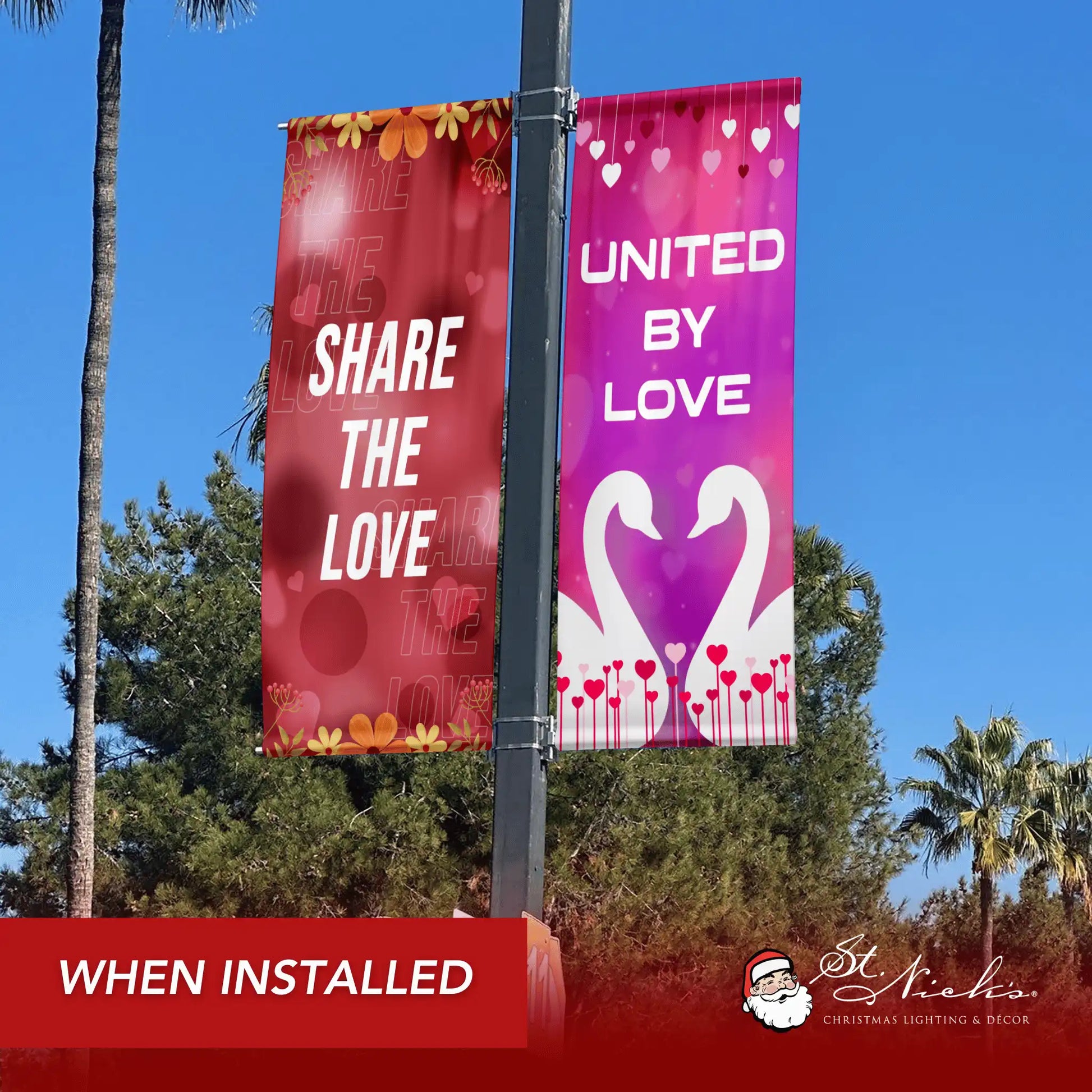 United By Love Valentine pole banner paired with complementary Valentine street banners