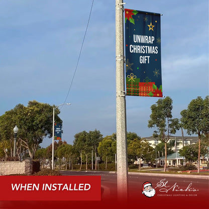 Unwrap Christmas Gift Christmas pole banner installed along city street for festive holiday décor