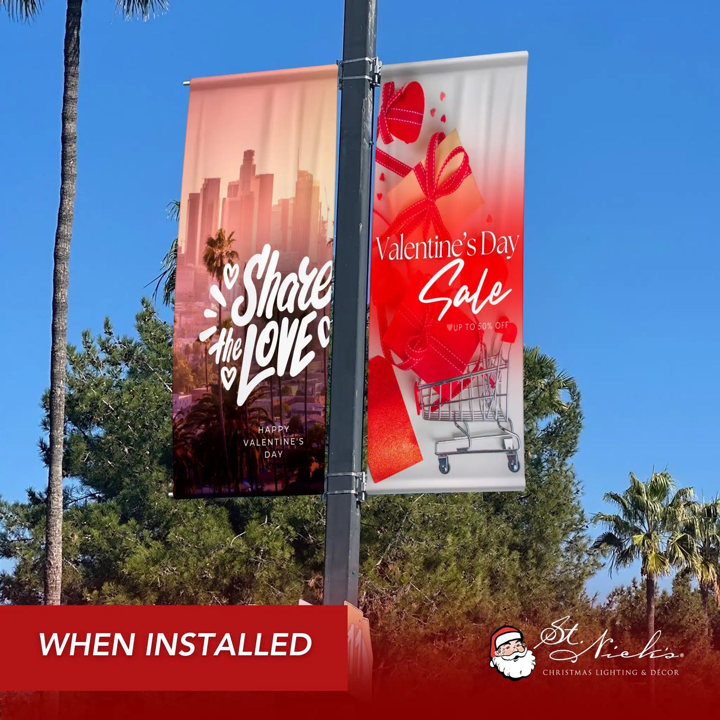 Valentine’s Day Sale pole banner installed along city street for seasonal retail promotion