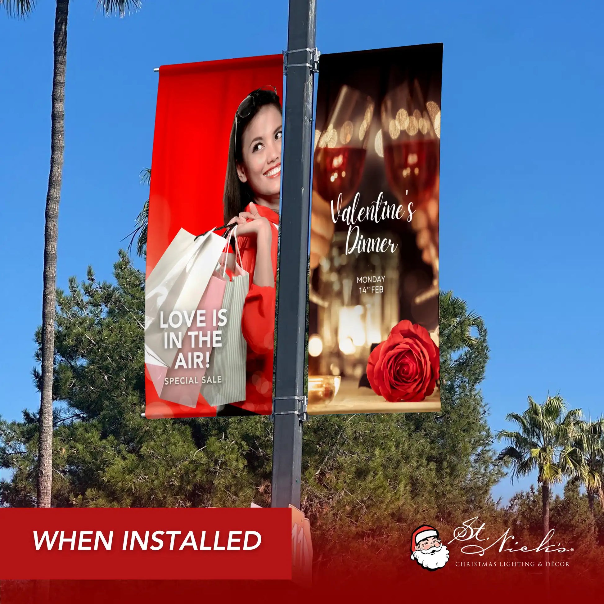 Valentine’s Dinner pole banner installed along city street promoting romantic seasonal events