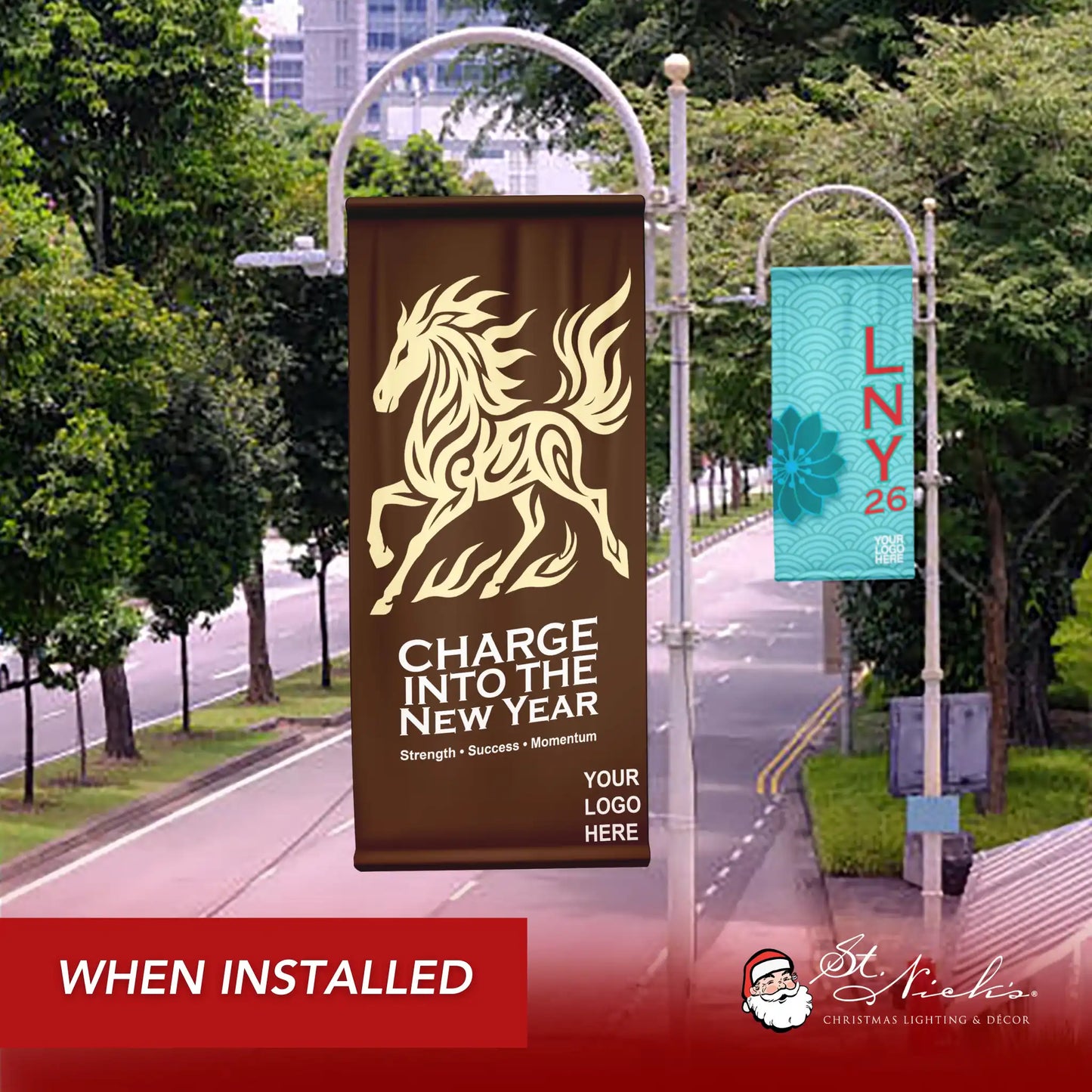 Year of the Horse Lunar New Year brown pole banner displayed along city street when installed