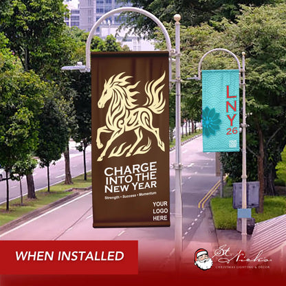 Year of the Horse Lunar New Year brown pole banner displayed along city street when installed