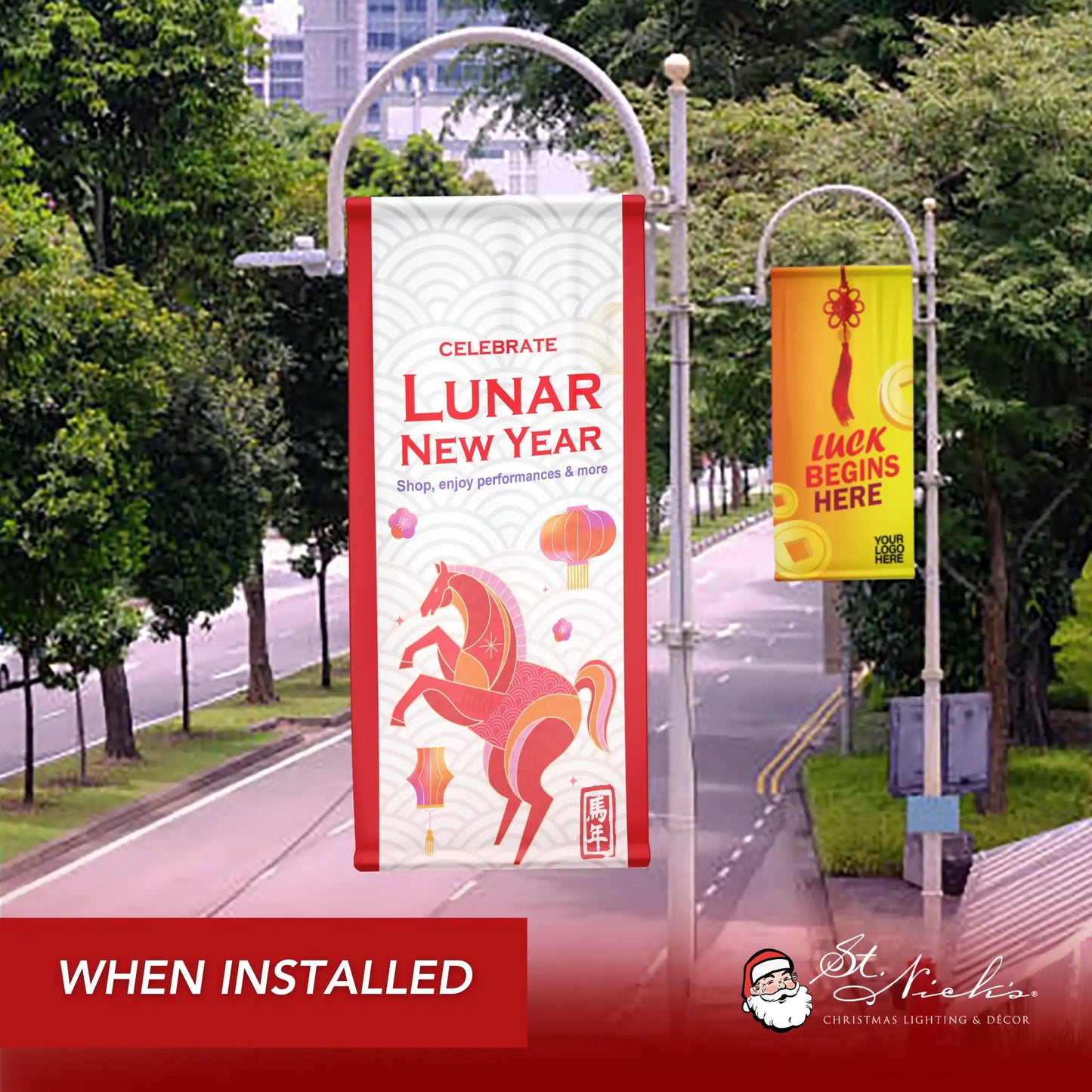 Year of the Horse Lunar New Year pole banner displayed along a city street during a festive seasonal installation