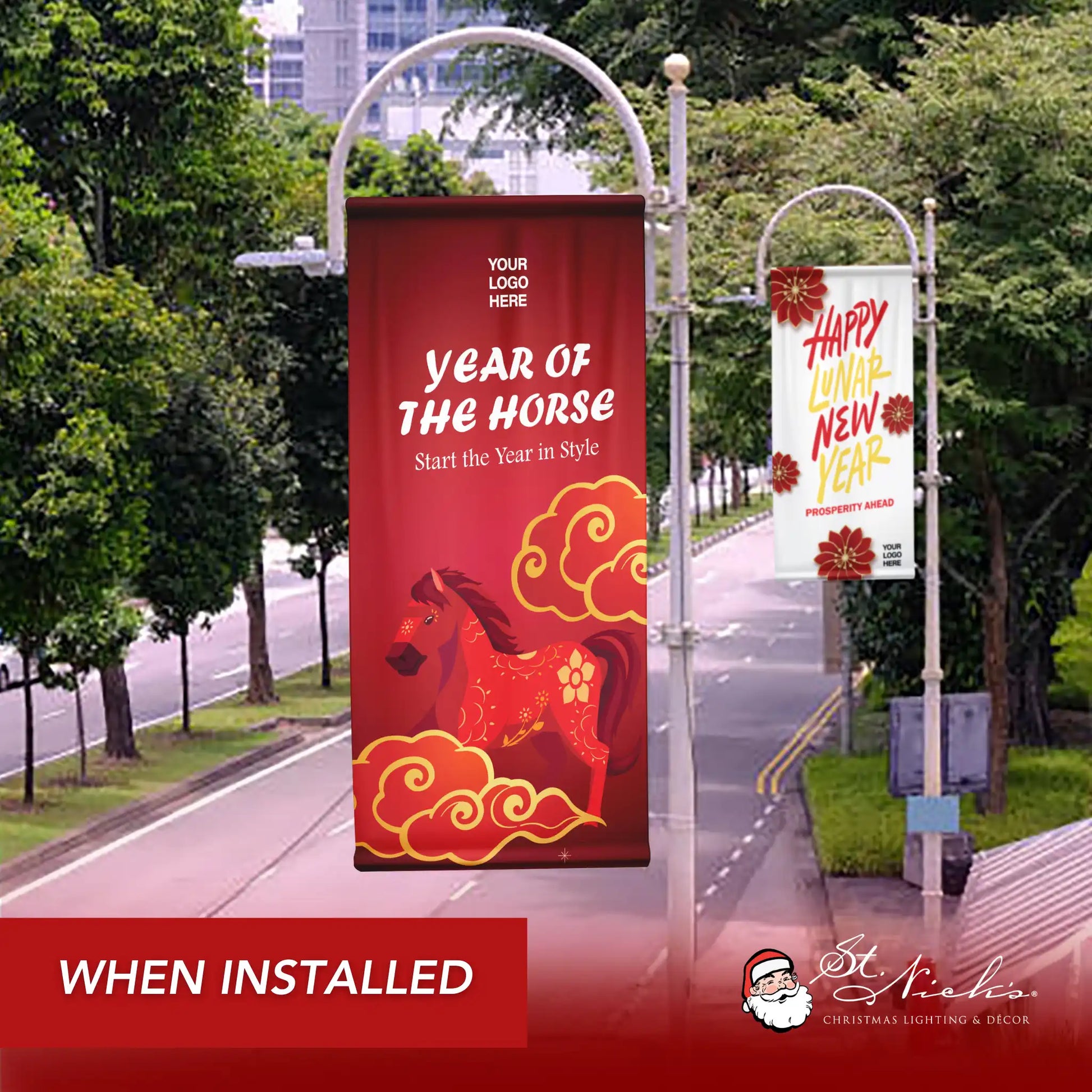 Year of the Horse Lunar New Year red pole banner shown installed along city street with festive seasonal décor
