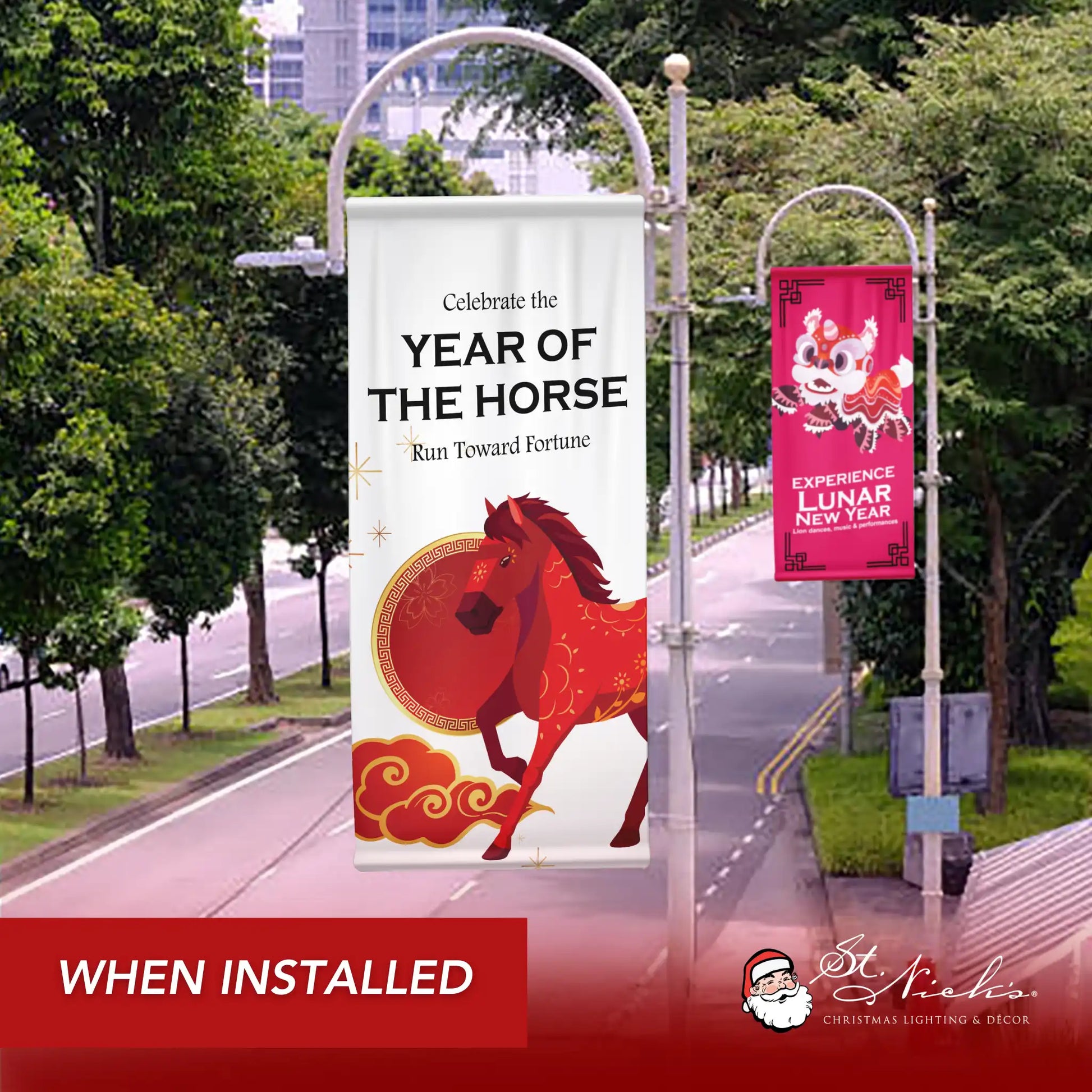 Year of the Horse Lunar New Year white pole banner displayed along a city street during seasonal installation
