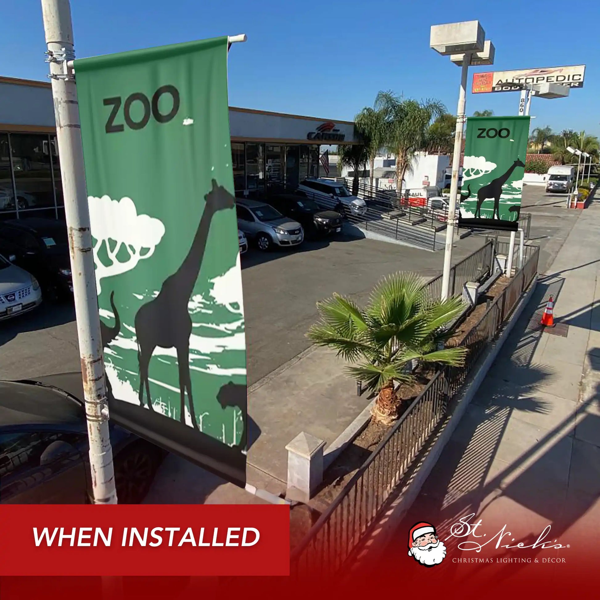 Zoo themed pole banners installed along sidewalk for public attraction wayfinding