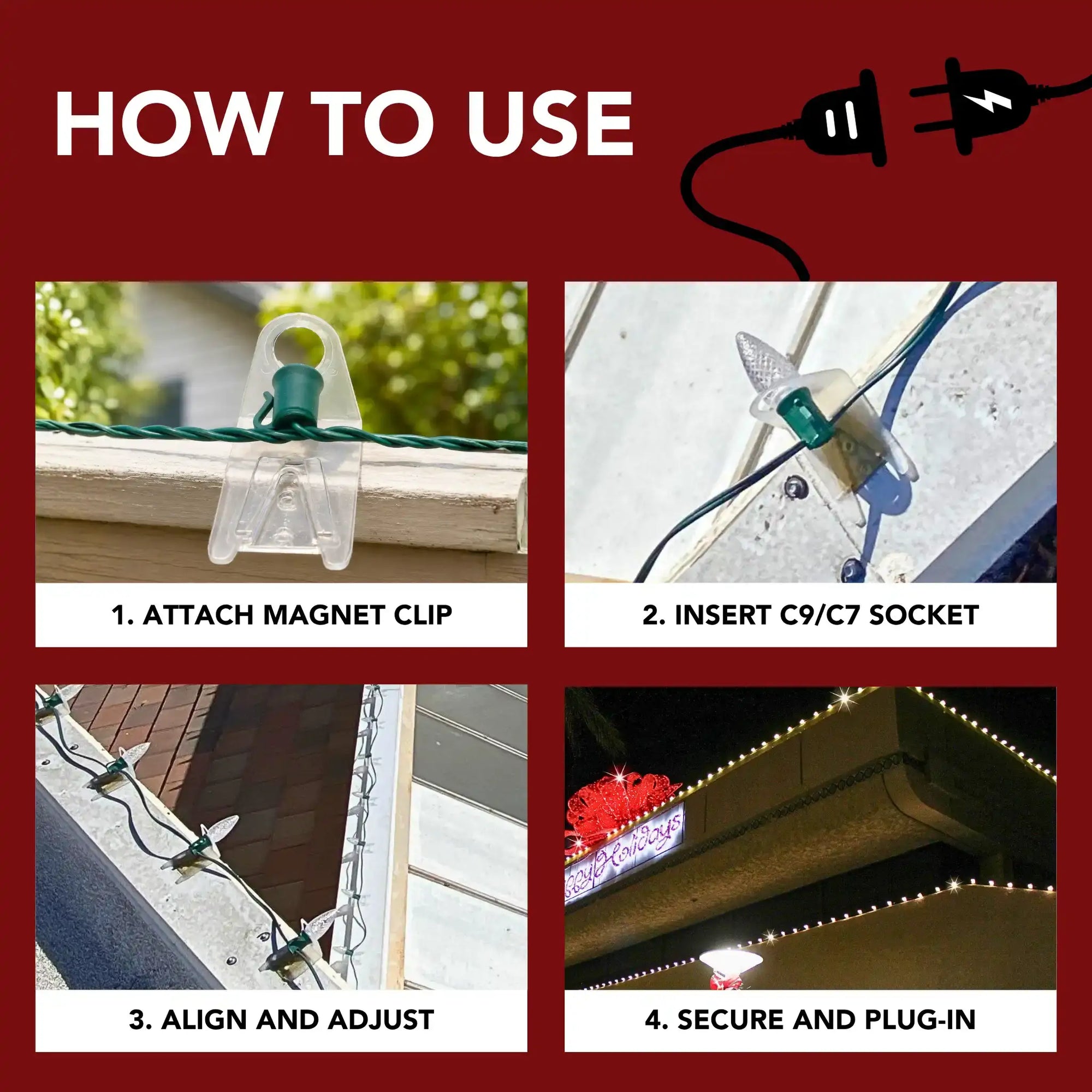 Step-by-step instructions showing how to attach, align, and secure C9 or C7 lights using a parapet clip base