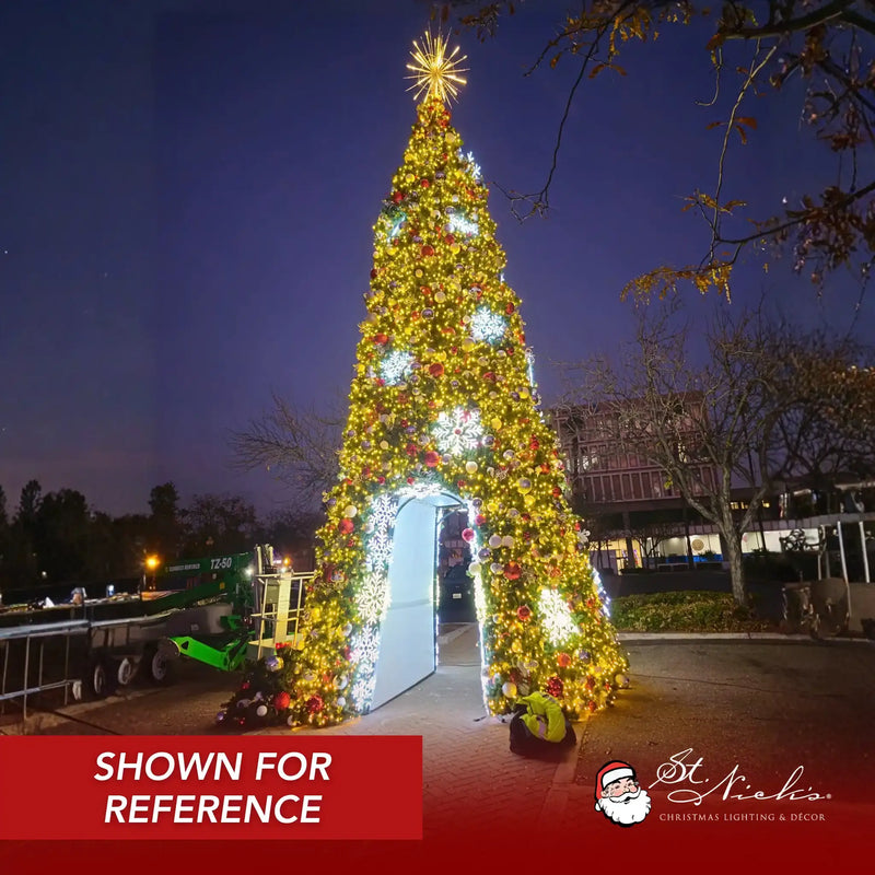 30ft walkthrough frame tree undecorated glowing at night with lights ornaments and star topper