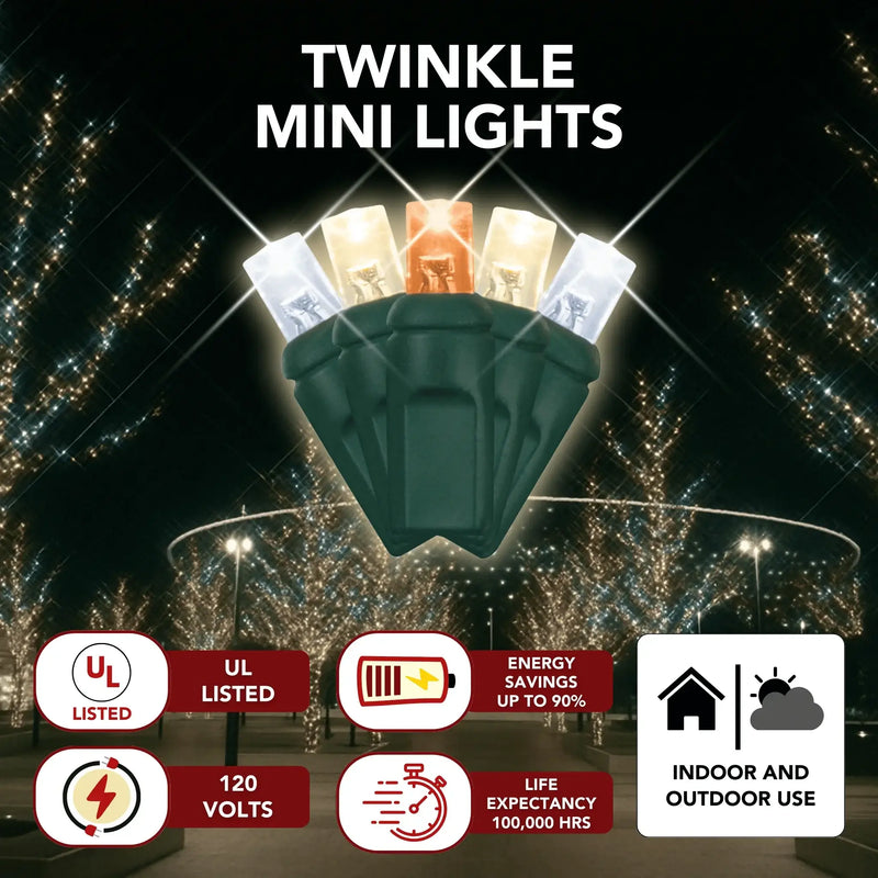 Amber, warm white, and cool white twinkle LED mini lights featuring UL listing, 120-volt operation, energy savings, long life expectancy, and indoor or outdoor use