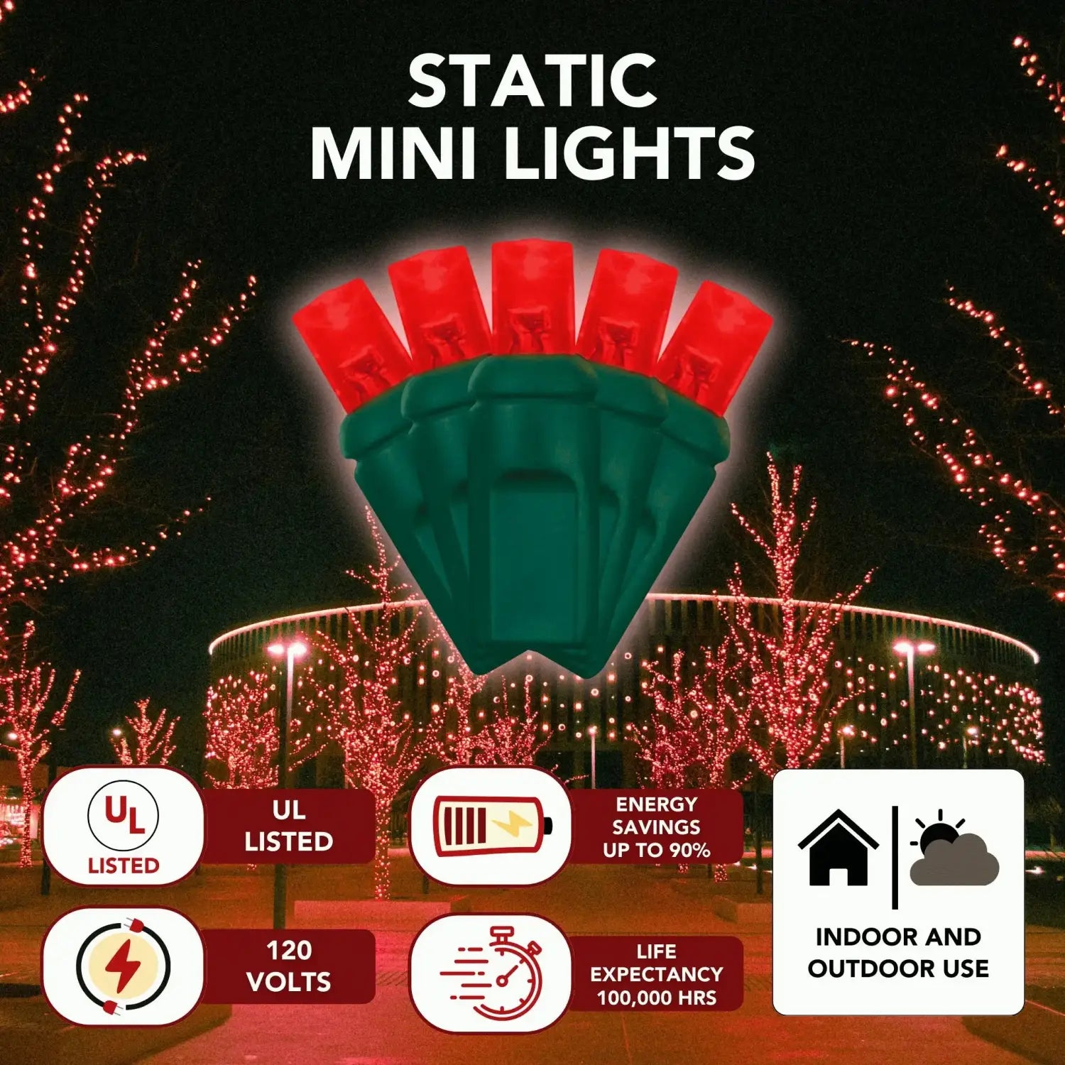 Red static 5mm LED mini lights featuring UL listing, 120-volt operation, energy savings, long life expectancy, and indoor or outdoor use
