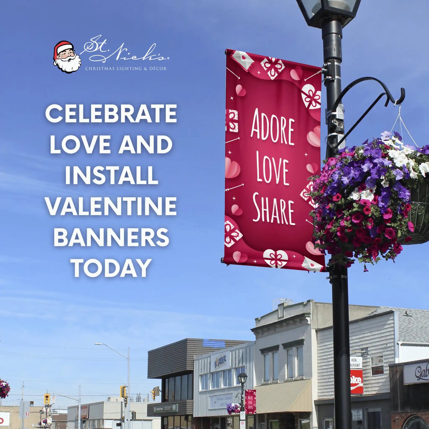 Adore Love Share Valentine pole banner promoting festive love-themed street décor