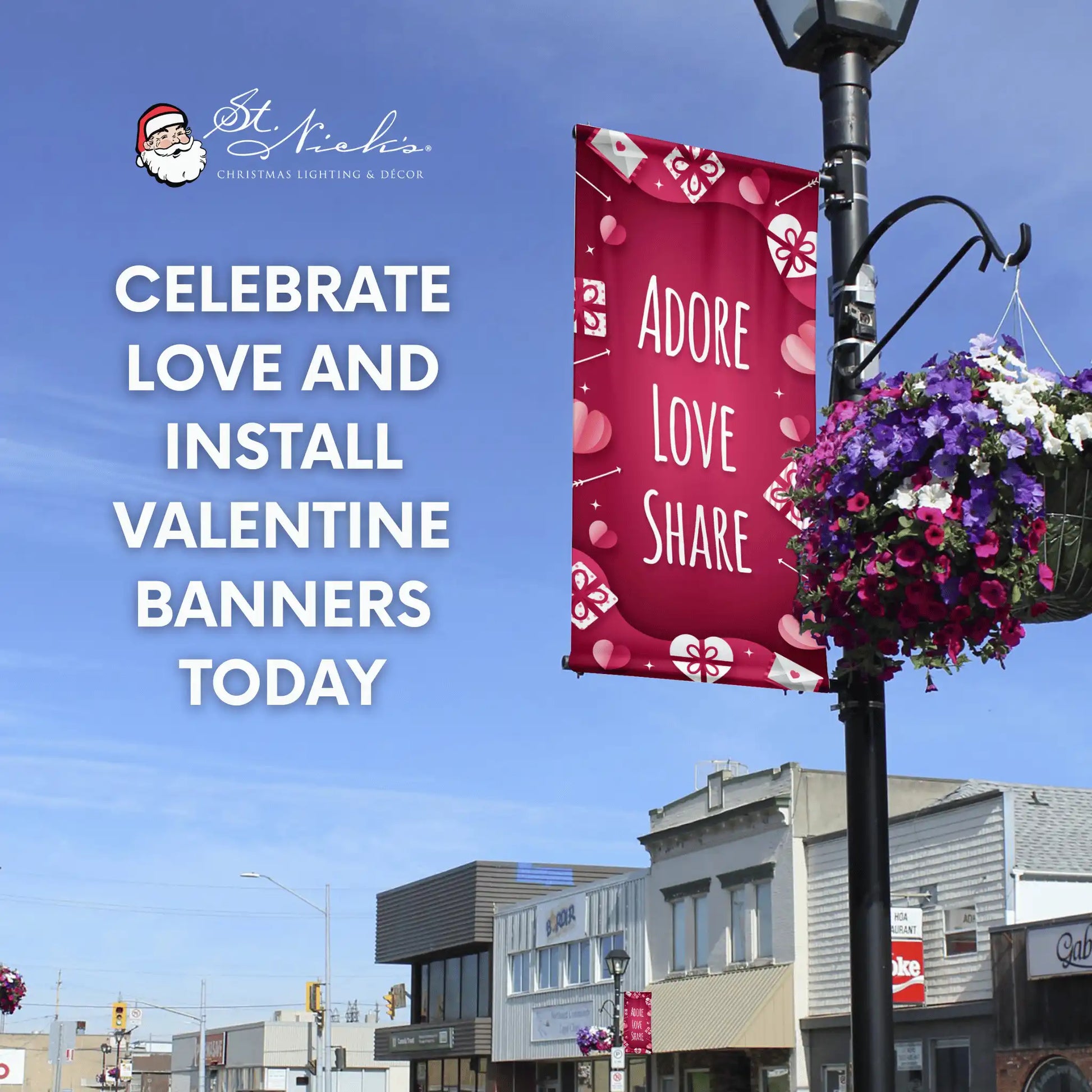 Adore Love Share Valentine pole banner promoting festive love-themed street décor