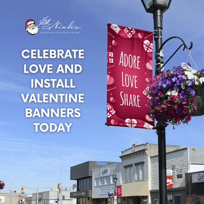 Adore Love Share Valentine pole banner promoting festive love-themed street décor