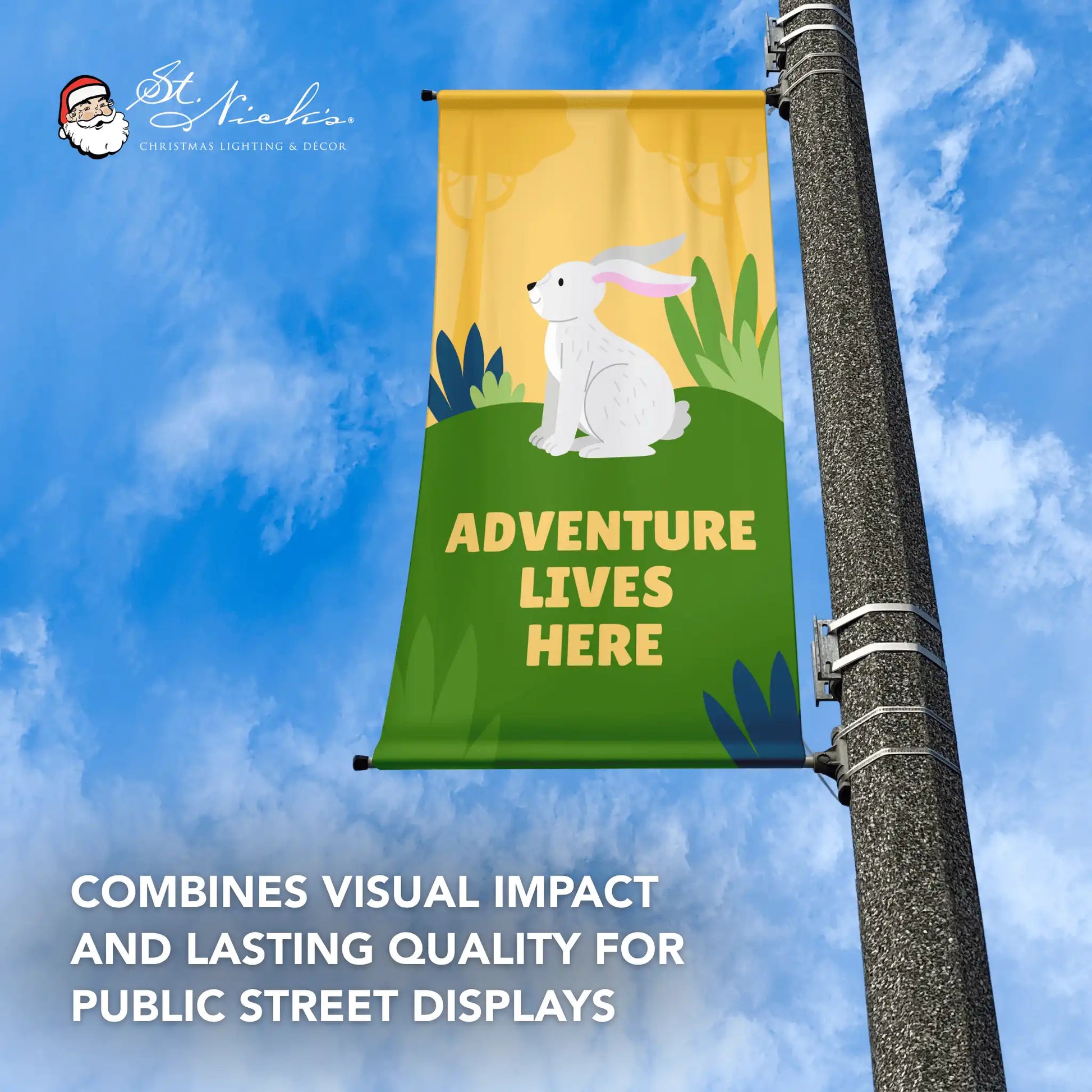 Adventure Lives Here yellow promotional street banner designed for public street displays