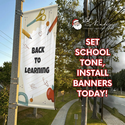 Back to Learning school pole banner promoting back-to-school street décor for cities and schools