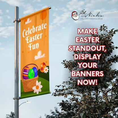 Celebrate Easter Fun Easter pole banner promoting festive spring street décor with bright colors