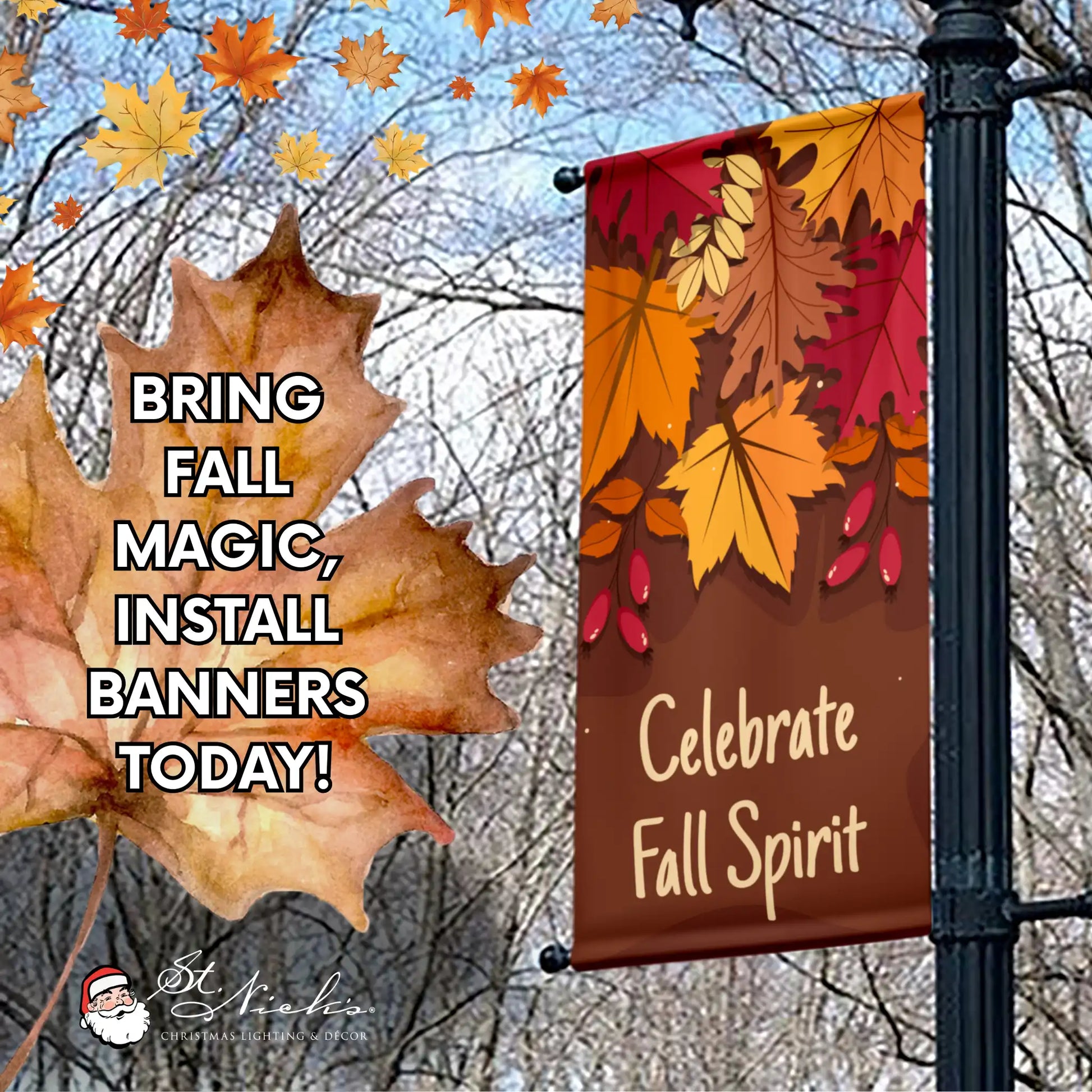 Celebrate Fall Spirit fall pole banner promoting autumn street décor with falling leaves