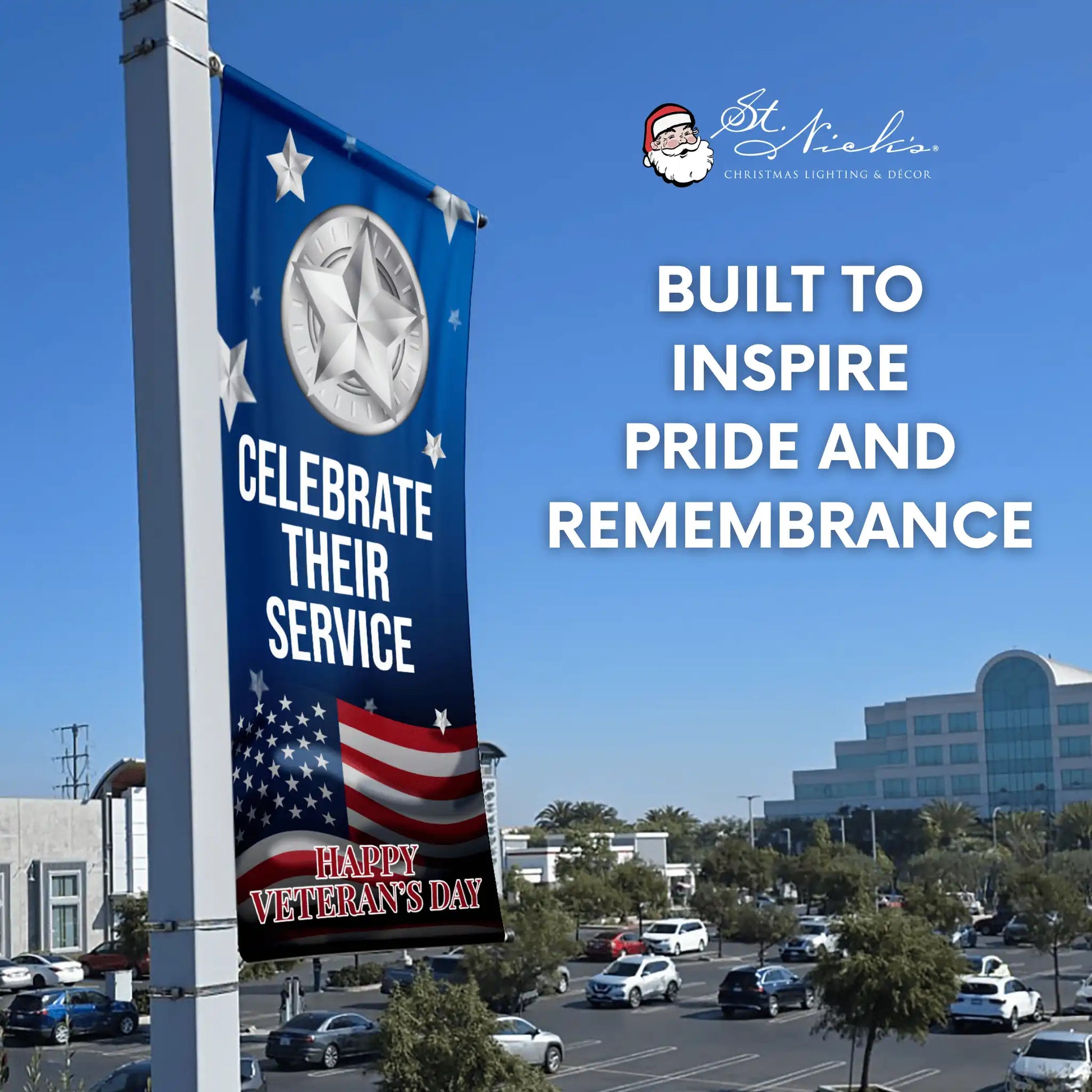 Celebrate Their Service blue patriotic pole banner with silver star and American flag