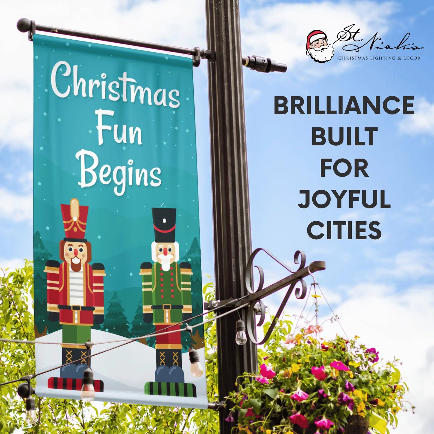 Christmas Fun Begins Christmas pole banner promoting joyful holiday street décor with classic nutcracker imagery