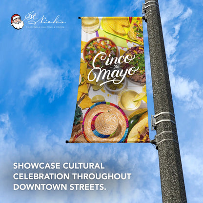 Cinco de Mayo food photography pole banner promoting cultural celebration, dining, and community events