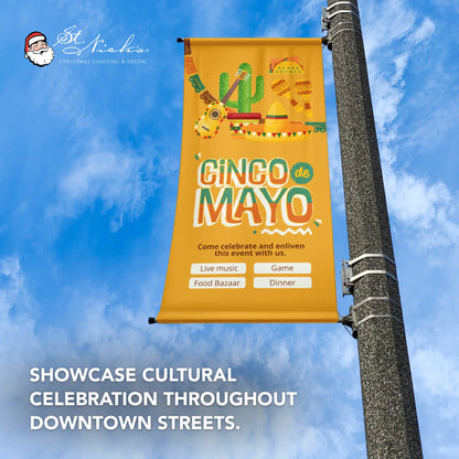 Cinco de Mayo illustrated pole banner promoting festive cultural street décor for community celebrations