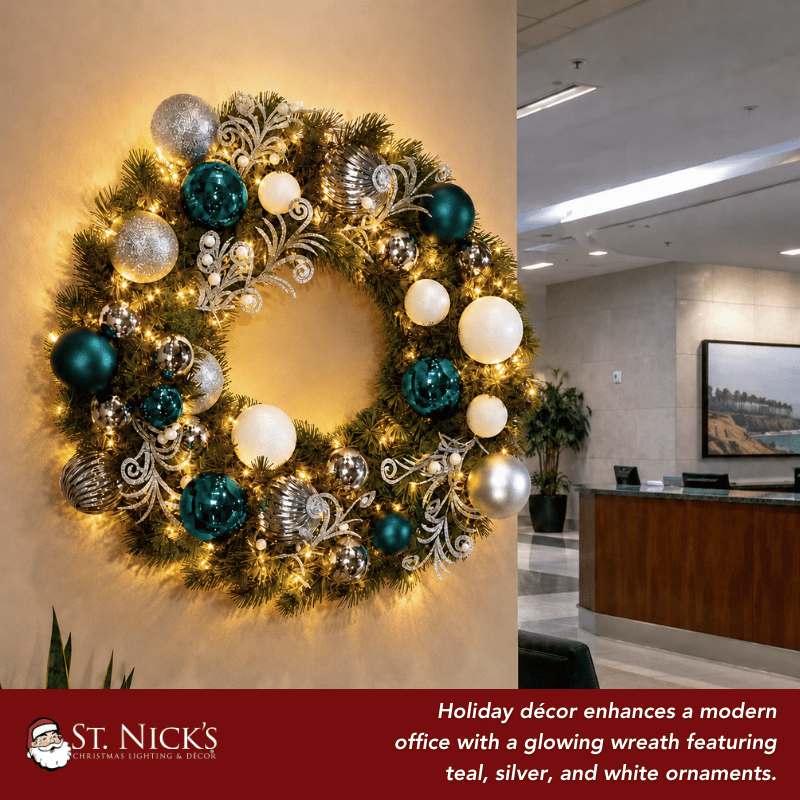 Glowing evergreen wreath with teal, white and silver ornaments creates a polished holiday accent in a modern office interior.
