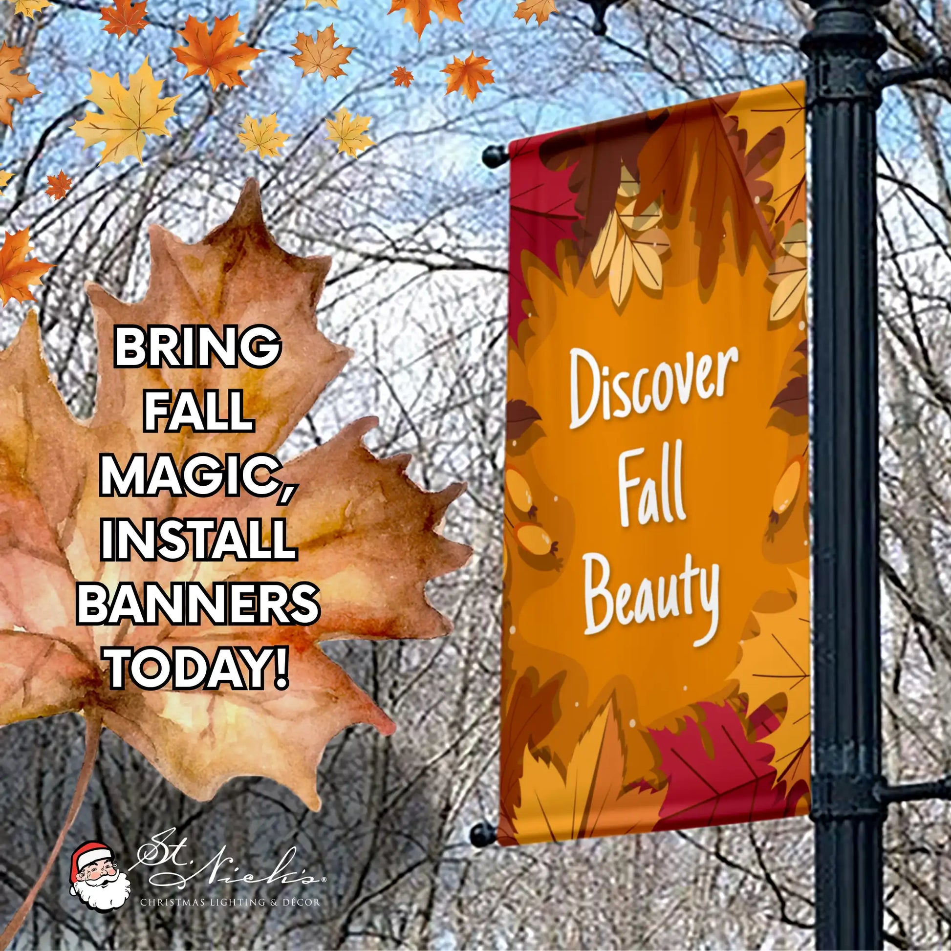 Discover Fall Beauty fall pole banner promoting autumn street décor with warm seasonal colors