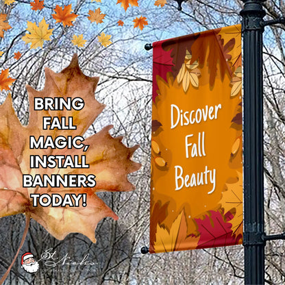 Discover Fall Beauty fall pole banner promoting autumn street décor with warm seasonal colors