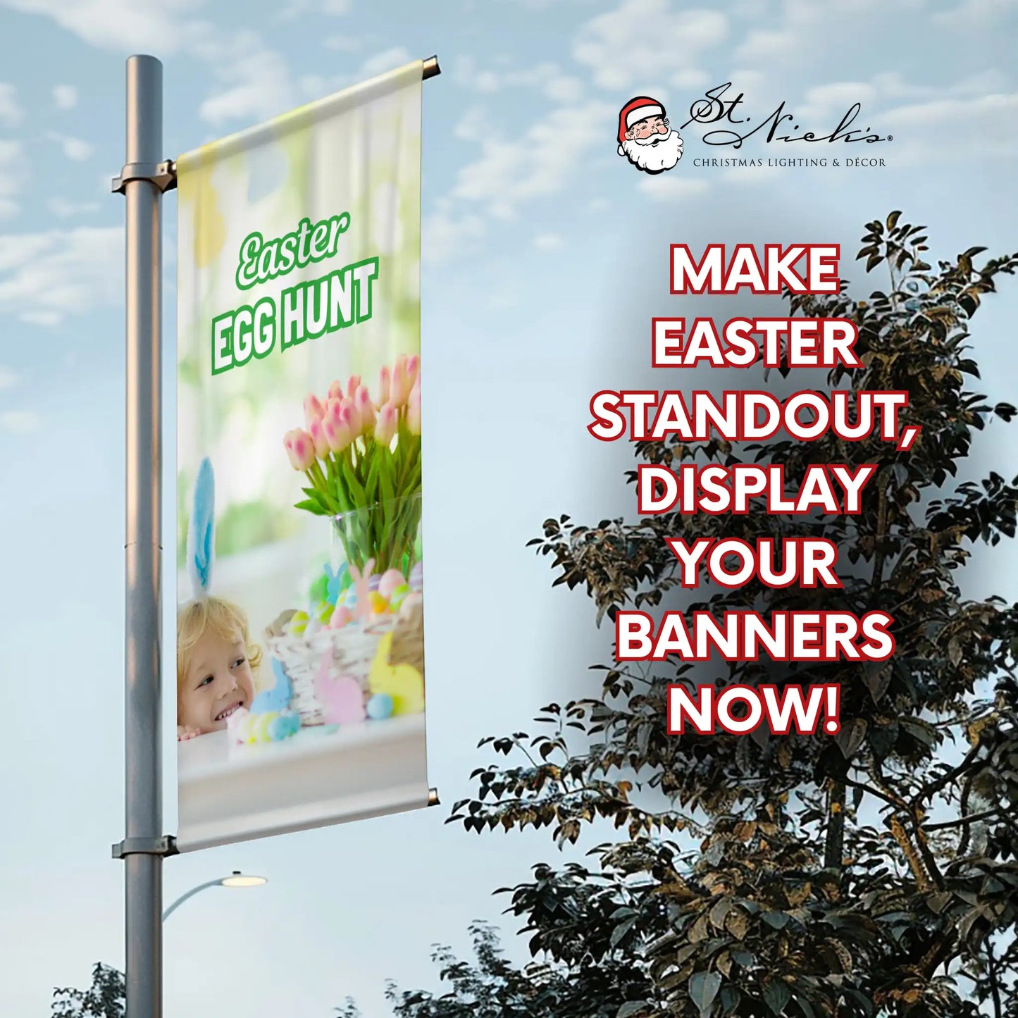 Easter Egg Hunt pole banner promoting professional spring event street displays