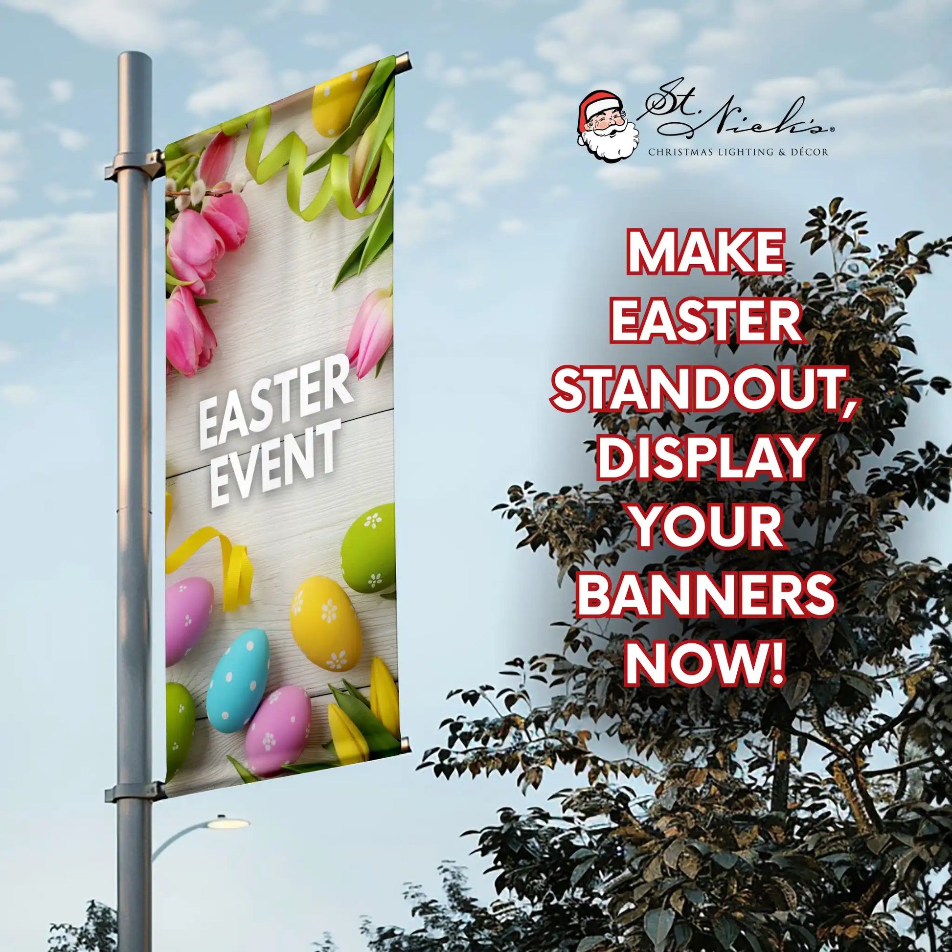 Easter Super Sale pole banner promoting professional spring retail street displays