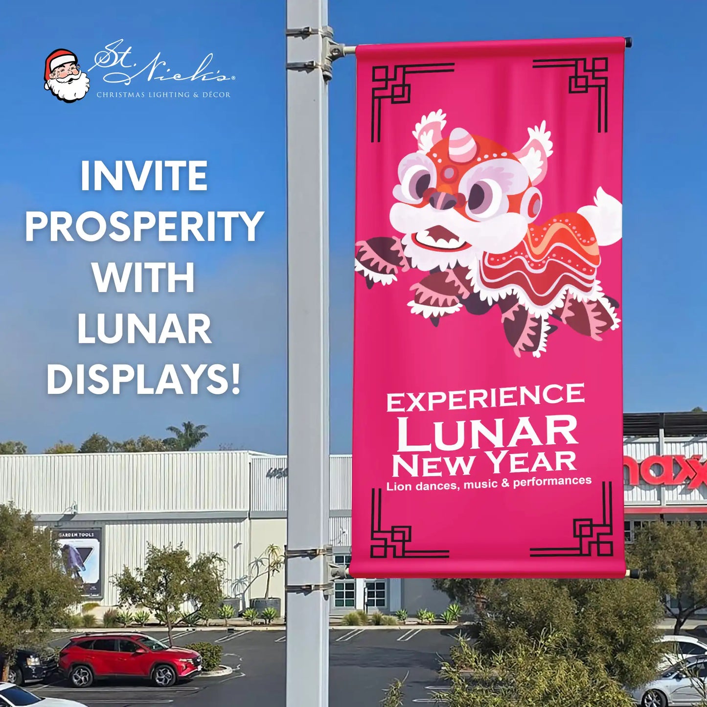 Experience Lunar New Year lion dance pole banner promoting Lunar New Year celebrations, performances, and cultural events