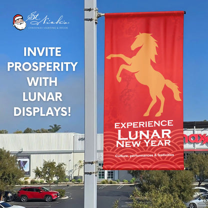 Experience Lunar New Year Year of the Horse pole banner promoting cultural celebrations, performances, and festive community events