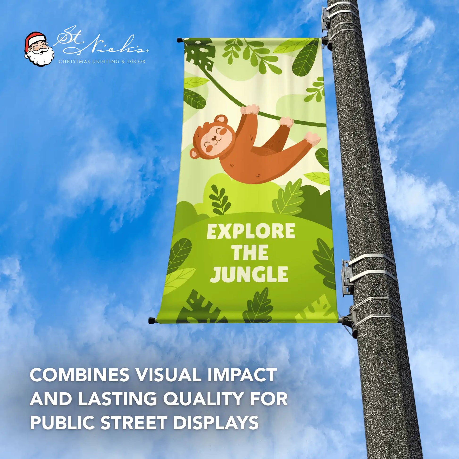Explore the Jungle green promotional street banner designed for zoo paths and family-friendly environments