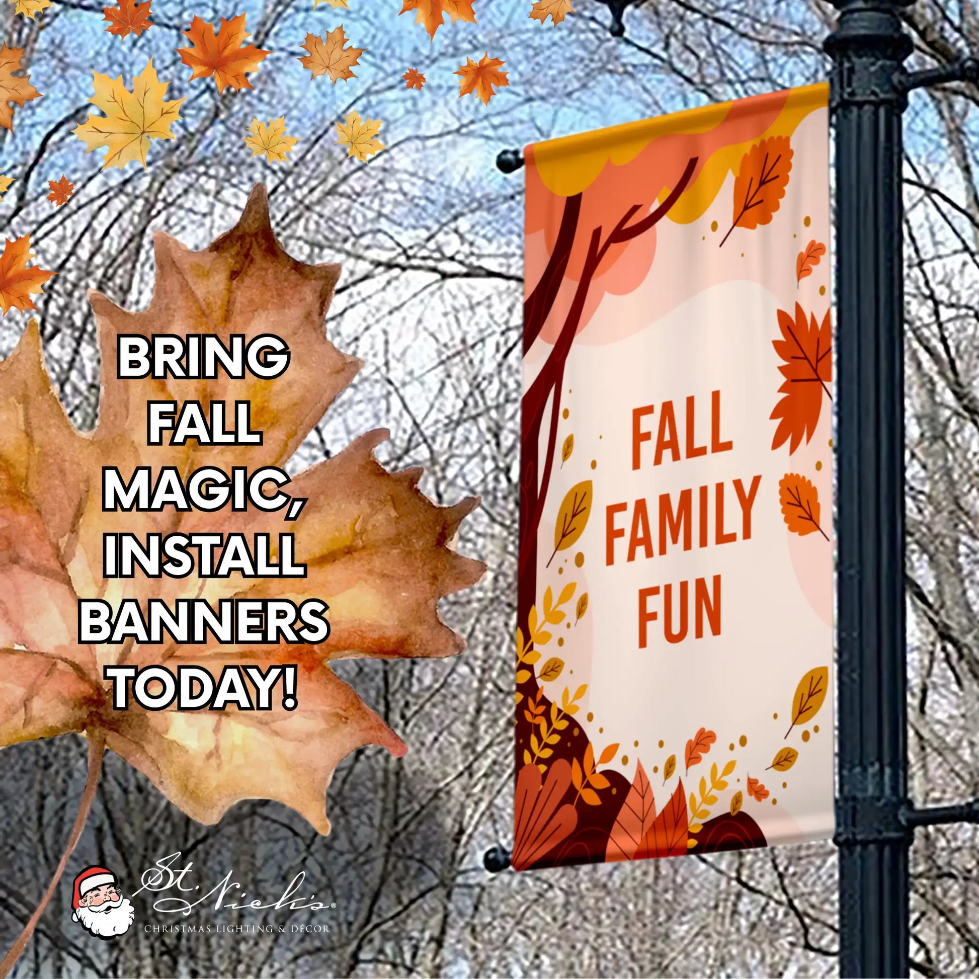 Fall Family Fun fall pole banner promoting autumn street décor with warm family-friendly messaging