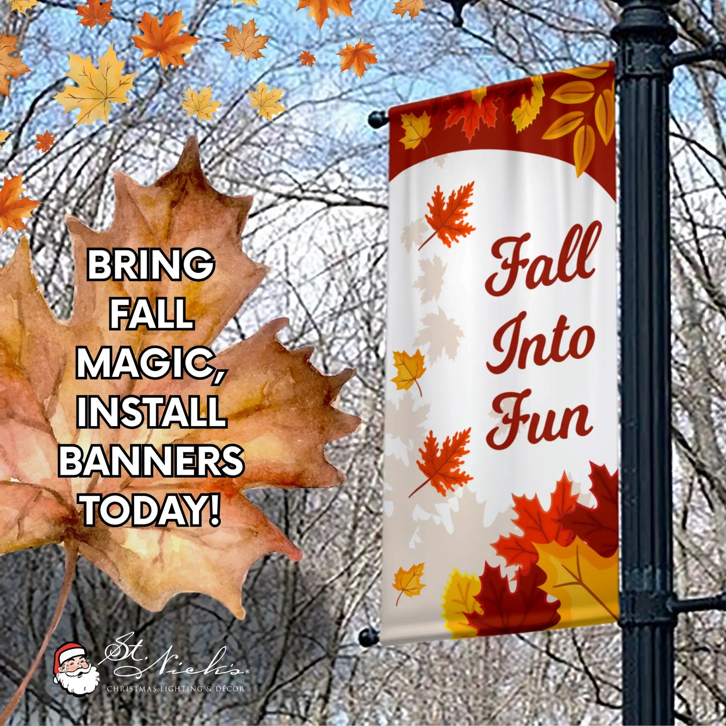 Fall Into Fun autumn pole banner promoting warm autumn street décor