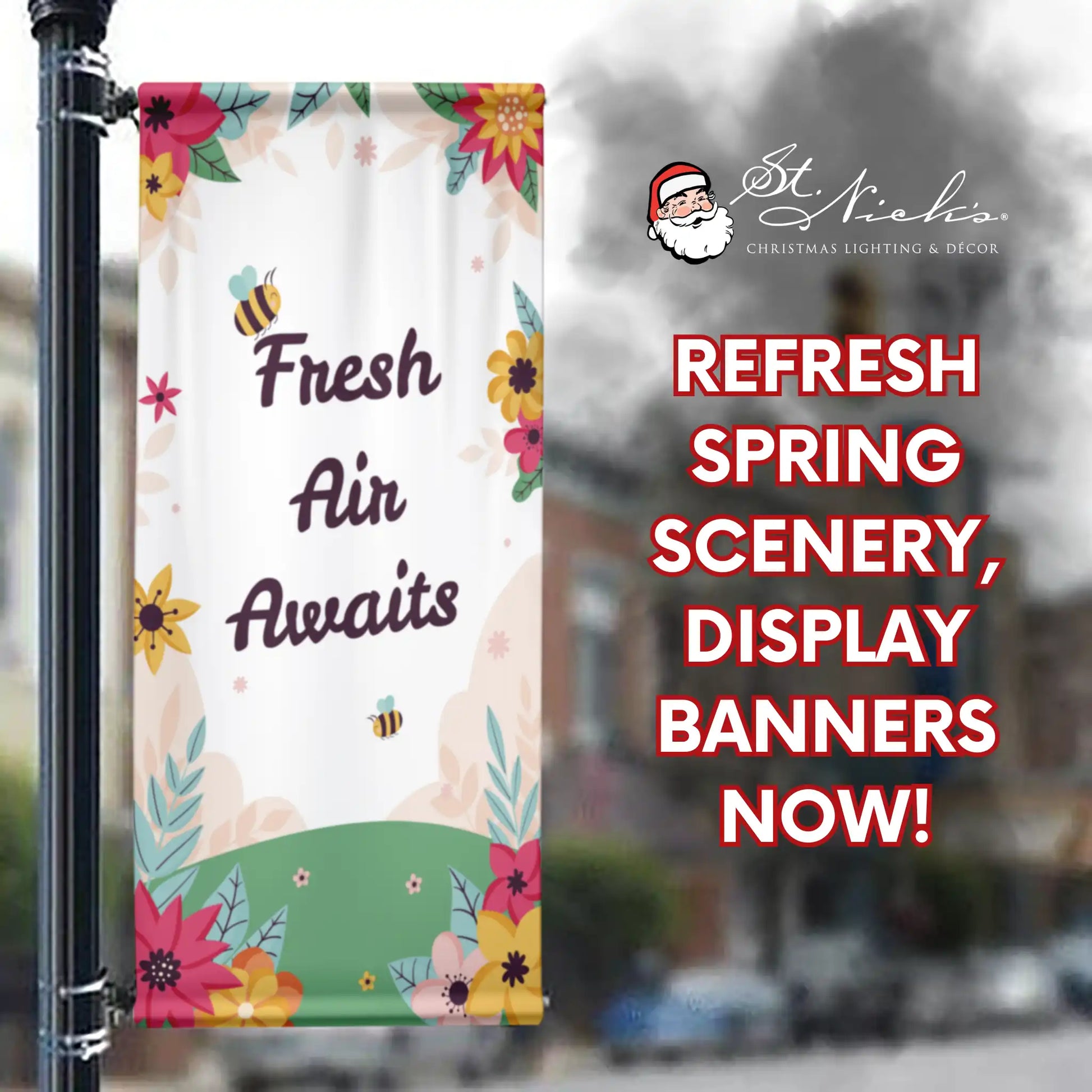 Fresh Air Awaits spring pole banner promoting vibrant spring street décor
