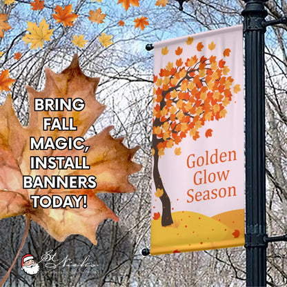 Golden Glow Season fall pole banner promoting autumn street décor with warm golden tones